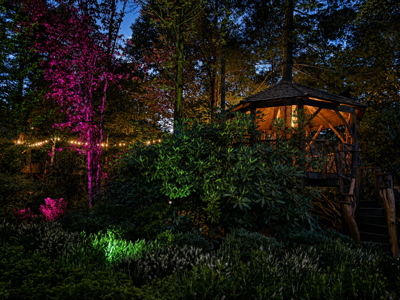 Illuminated backyard gazebo with colorful landscape lighting