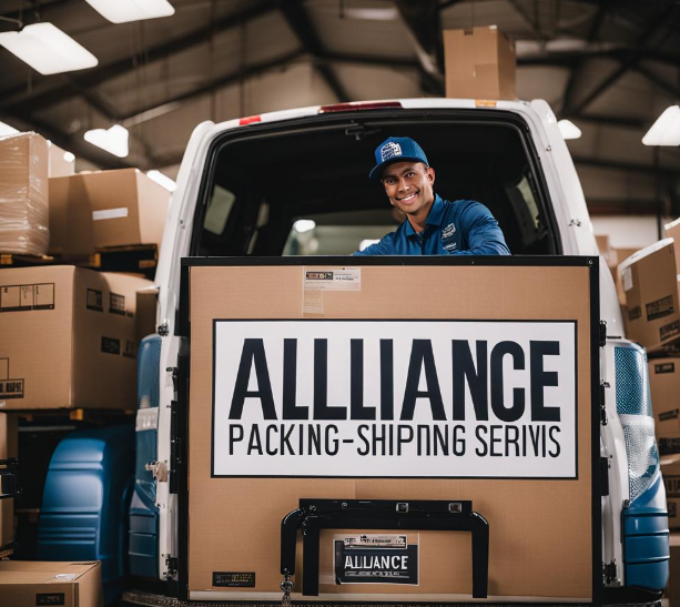 A graphic of Alliance Packaging's logo featuring a globe and shipping boxes for worldwide shipping