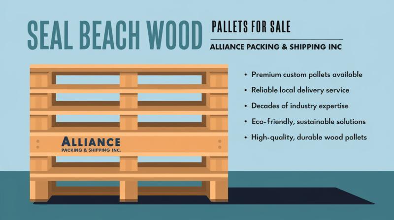 Pallets for sale featuring Alliance Shipping & Packaging branding, showcasing a variety of wooden and plastic pallets.