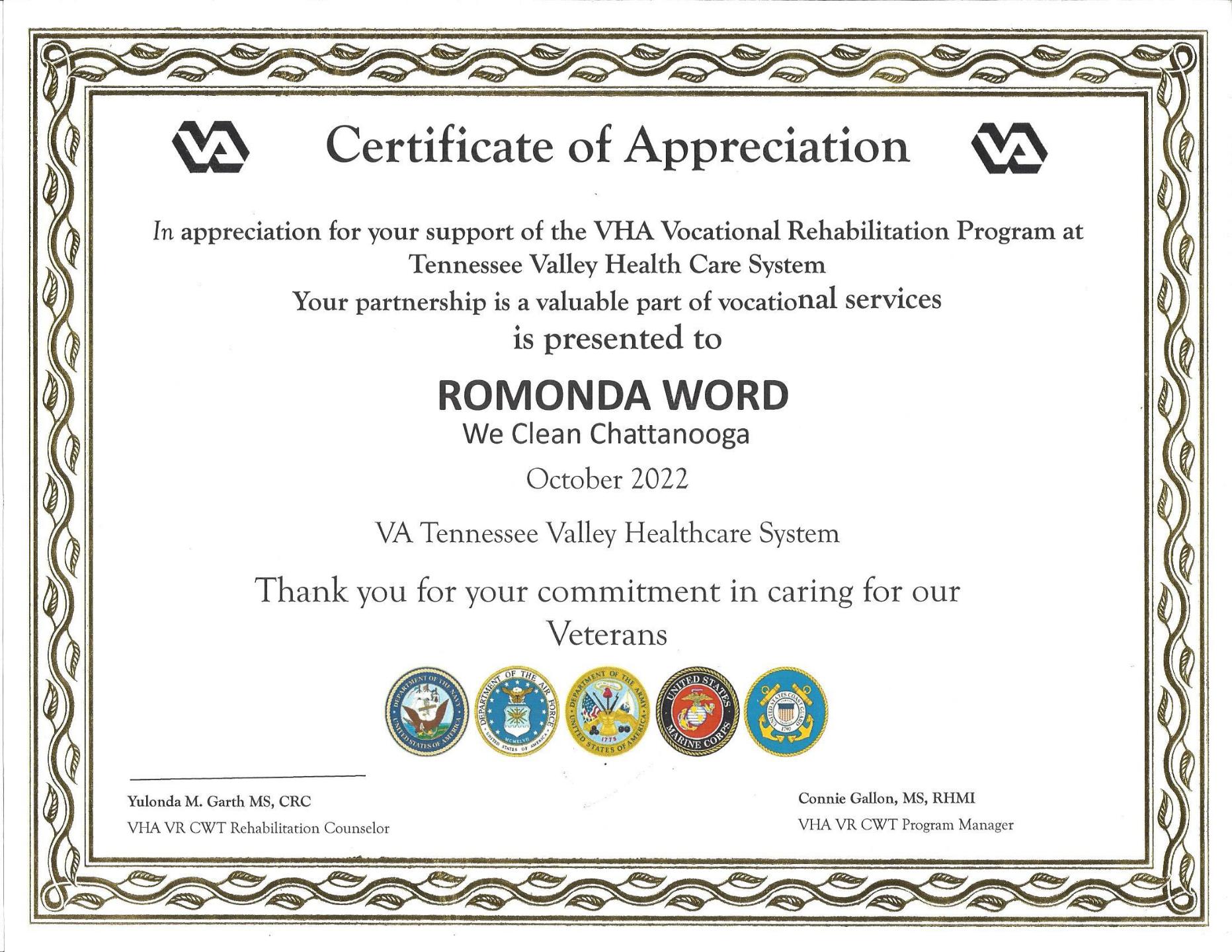 Certificate of Appreciation