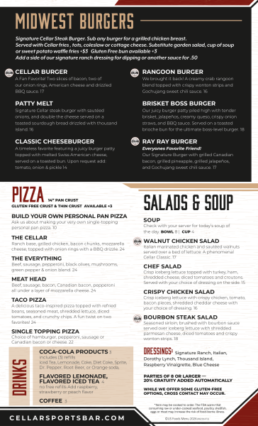Cellar Sports Bar Menu continued