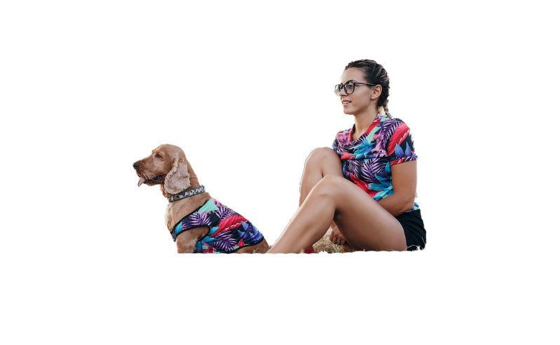 Woman and dog with matching outfits