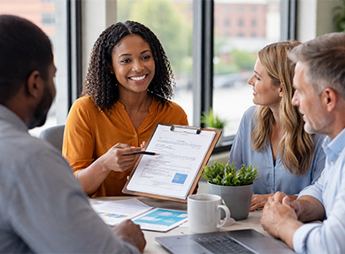 Four professionals sit around a table in a bright office while a smiling advisor holds up plan documents during a meeting.