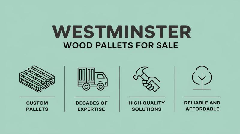 Wood pallets available for sale in Westminster, showcasing a variety of sizes and conditions for various uses.