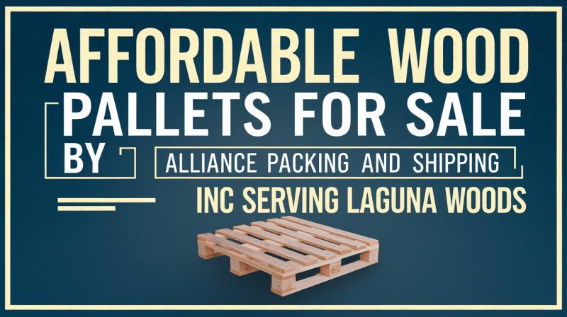 Pallets for sale displayed by Alliance Shipping and Shipping Inc, showcasing various sizes and types available for purchase.