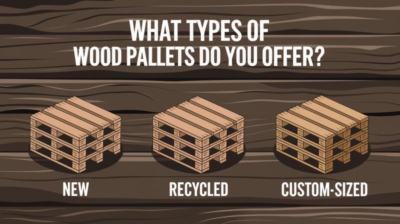 A variety of wood pallets displayed, showcasing different types and sizes available for purchase or inquiry.