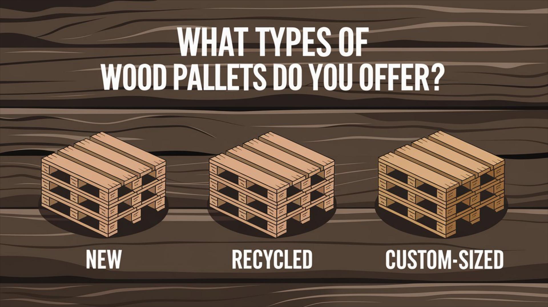 A variety of wood pallets displayed, showcasing different types and sizes available for purchase or inquiry.