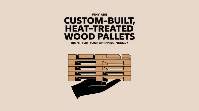 A hand grips a wooden pallet labeled "custom-built, heat-treated wood pallets," showcasing craftsmanship and quality.