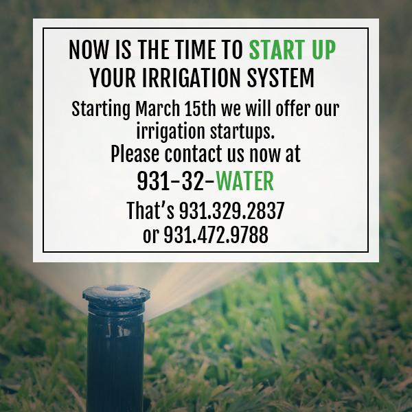Now is the time to startup your irrigation system. Contact us now at 9313292837 or 9314729788