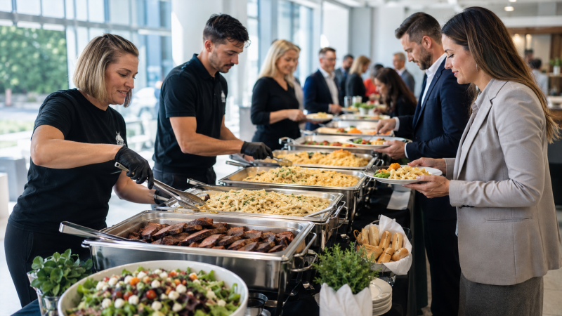 Staffed corporate catering setup