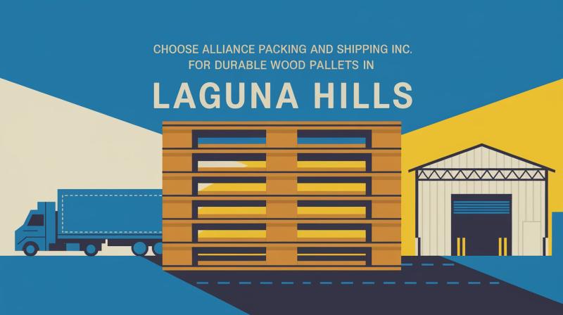 A truck parked beside a pallet displaying the words "Laguna Hills," set against a clear blue sky.