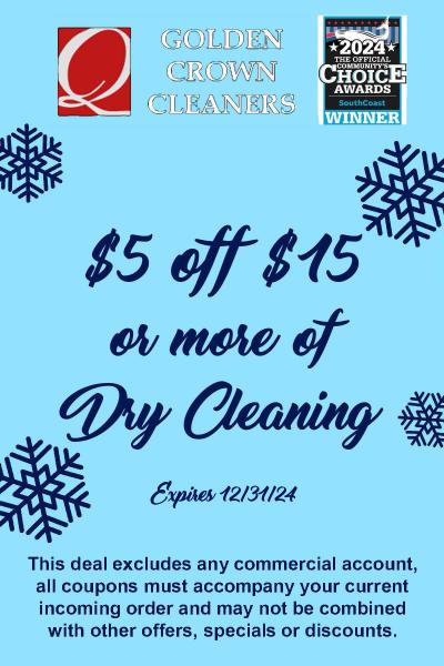 $5 off $15 or more of dry cleaning