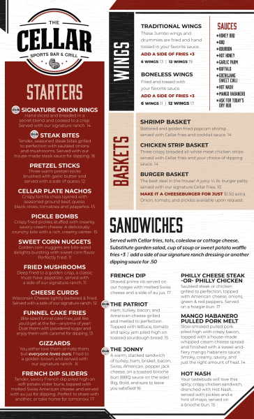 Cellar Sports Bar Menu